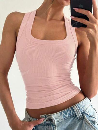 حمالة سباغيتي بياقة مربعة للنساء، ملابس علوية قصير صيفي عصري أنيق ملائم، قطعة ملبسية قابلة للتداخل، بلا أكمام بطراز فرنسي رياضي مرح، لكل المواسم