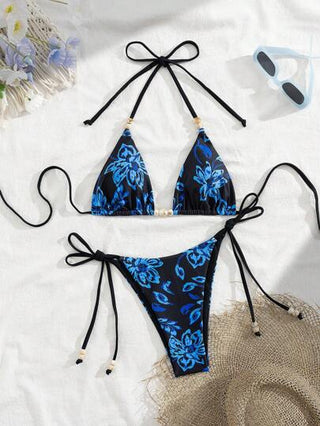 Swim Vcay مجموعة رقمين للنساء من ملابس السباحة بطبعة زهور مكونة من حزام رفيع قابل للسحب مع خرز، ملابس للأجازات الاسترخائية الكاجوال الجذابة
