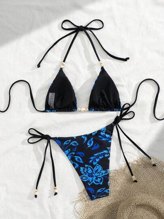 Swim Vcay مجموعة رقمين للنساء من ملابس السباحة بطبعة زهور مكونة من حزام رفيع قابل للسحب مع خرز، ملابس للأجازات الاسترخائية الكاجوال الجذابة