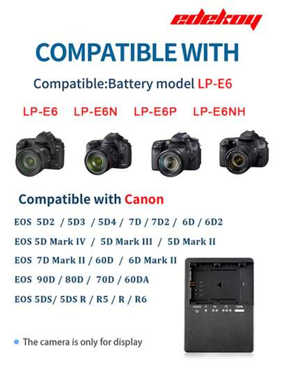 EDEKOY شاحن بطارية الكاميرا LC-E6 LC-E6E مناسب لبطاريات كانون LP-E6 LP-E6N E6NH، مزود بقابس للمملكة المتحدة، متوافق مع كاميرات كانون EOS R Ra R5 C R6 R7 الرقمية والأحادية العدسة 60D 60DA 70D 80D 90D 5DS 5DS R 5D Mark IV 6D 6DA 6D 6D Mark 7D 77D Mark XC10