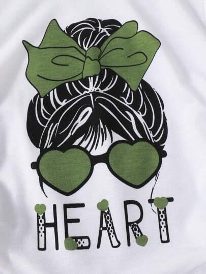 تيشيرتات بناتي طقم من قطعتين لفتيات يتكون من تي شيرت به تصميم بورتريه وريبون مع بناطيل كارجو ذات خصر مطاطي ، مجموعة ملابس كاجوال أنيقة وأنيقة