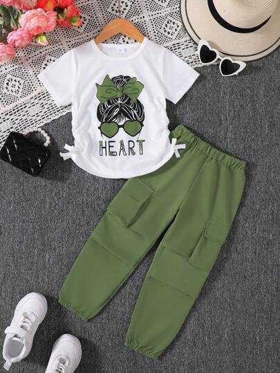 تيشيرتات بناتي طقم من قطعتين لفتيات يتكون من تي شيرت به تصميم بورتريه وريبون مع بناطيل كارجو ذات خصر مطاطي ، مجموعة ملابس كاجوال أنيقة وأنيقة