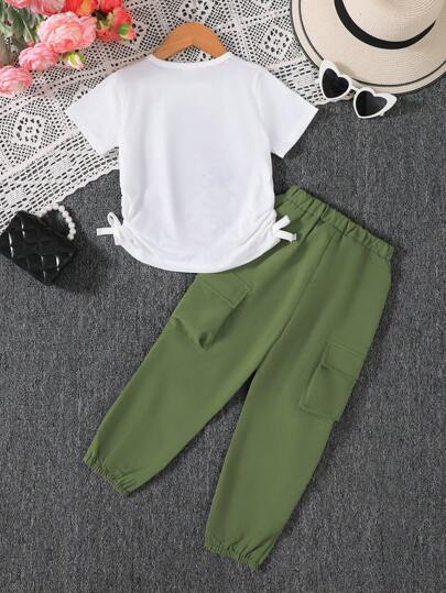 تيشيرتات بناتي طقم من قطعتين لفتيات يتكون من تي شيرت به تصميم بورتريه وريبون مع بناطيل كارجو ذات خصر مطاطي ، مجموعة ملابس كاجوال أنيقة وأنيقة