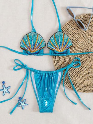 Swim SXY طقم بكيني للنساء ألوان قوية وتصميم فاخر من قماش مصنوع يدويًا، قطعة علوية مع قشرة مرصعة بالترتر أسلوب هلتر ظهر منكشف وربط جانبي، قطعة سفلية مجعدة بتصميم مثلث للاستخدام على الشاطئ أو العطلات، إحساس متميز