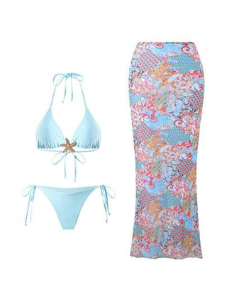 طقم تانكيني حريمي Swim SXY طقم مكون من 3 قطع: توب حلقة رفيع ذو لون أحادي بسيط، سراويل مثلثة مربوطة جانبية، وفستان ماكسي ذو حمالات رفيعة بطبعة بروك