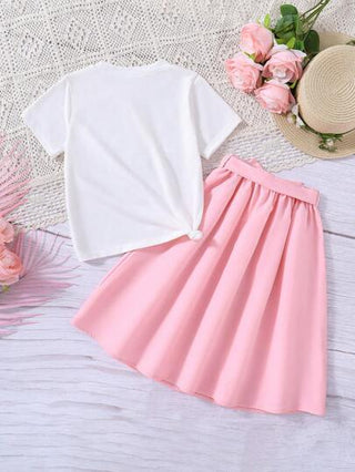 تيشيرتات بناتي مجموعة من 2 قطعة تي شيرت كم قصير ذو طبعة الحروف الكرتونية وتنورة قصيرة للفتيات المراهقات