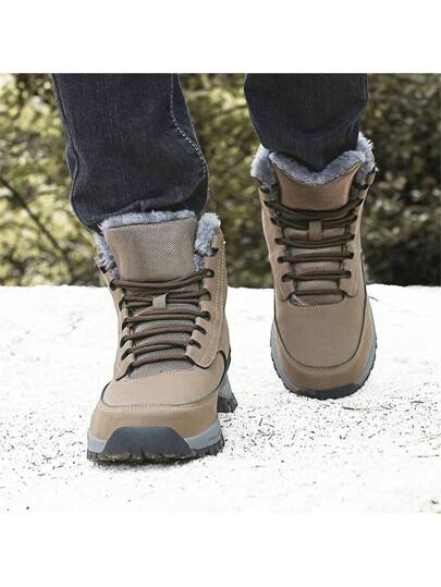 بوت الثلج الرجالية للخارج ذات الجزء العلوي المرتفع والوسطية السميكة فائقة الخفة والدافئة. من البولي يوريثان بمقاسات كبيرة، بوت المشي في الهواء الطلق مريحة وعصرية، مقاومة للاشتراك، متوفرة باللونين الأسود والخاكي