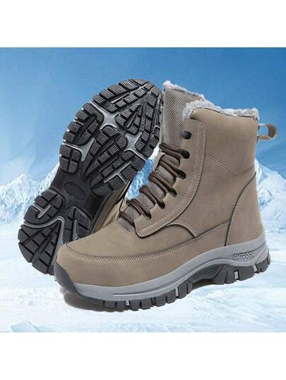 بوت الثلج الرجالية للخارج ذات الجزء العلوي المرتفع والوسطية السميكة فائقة الخفة والدافئة. من البولي يوريثان بمقاسات كبيرة، بوت المشي في الهواء الطلق مريحة وعصرية، مقاومة للاشتراك، متوفرة باللونين الأسود والخاكي