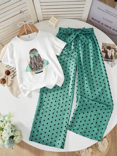تيشيرتات بناتي بلوزة تي شيرت بأكمام قصيرة مع طباعة رقمية وبنطلون جينز مستقيم الساق مع طباعة بالنقاط والحزام، مجموعة كاجوال مكونة من 2 قطعة لفتيات المراهقات