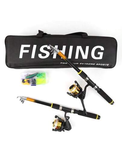 طقم قصبة صيد ودبابيس ذهبي اللون ، سهل الاستخدام ، جسم قصبة عالي المتانة لا يسهل كسره ، بكرتان متينتان