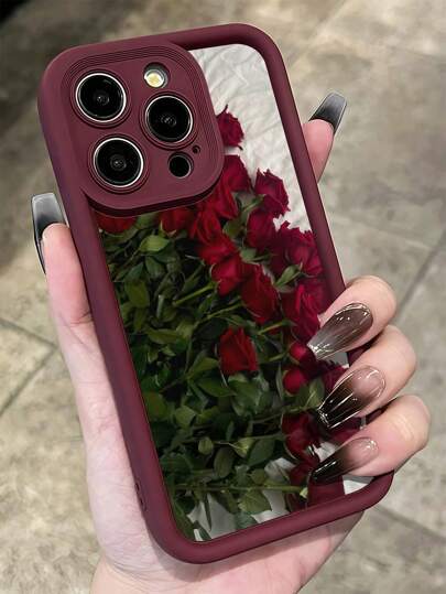 ١ قطعة غطاء هاتف كامل من مادة TPU مقاوم للسقوط بنمط الورود الرومانسية باللون الأحمر الزاهي متوافق مع هواتف آبل 16، 15، 14، 13، 12، 11 برو ماكس والسلسلة