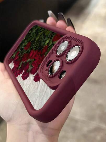 ١ قطعة غطاء هاتف كامل من مادة TPU مقاوم للسقوط بنمط الورود الرومانسية باللون الأحمر الزاهي متوافق مع هواتف آبل 16، 15، 14، 13، 12، 11 برو ماكس والسلسلة