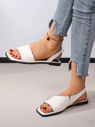أحذية صندل بيضاء مريحة بتصميم مربع البنصر للنساء، أسفل ناعم وأعلى ناعم متعدد الاستخدامات، أحذية صيفية أنيقة ومريحة