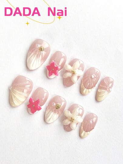 10 قطع أظافر قابلة للارتداء بشكل يدوي صرف ، أظافر بشكل اللوز ، تصميم تدرج ، تصميم فرنسي ، أظافر ثلاثية الأبعاد مزهرة ، أظافر بيضاء بسيطة ، طراز بارد ، طراز حلو ، طراز كرتوني ، طراز Y2k أنيق فاخر