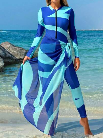 Swim Shayni مجموعة من 3 أجزاء بطباعة كتل اللون، بلوزة ذات رقبة عالية وأكمام طويلة، وبنطلون طويل وتنورة من الشبك، ملابس سباحة محتشمة من نوع "البركيني"