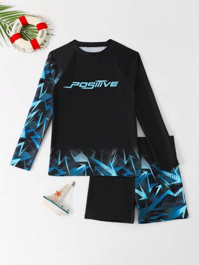 مايوه أولادي طقم ملابس سباحة للفتيان بطباعة رسومات وحروف على ملابس علوية أكمام طويلة وشورت