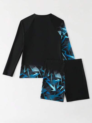 مايوه أولادي طقم ملابس سباحة للفتيان بطباعة رسومات وحروف على ملابس علوية أكمام طويلة وشورت