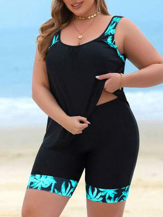 SHEIN Swim Curve طقم بكيني مطبوع بأشجار جوز الهند للمقاسات الكبيرة، بقصة رقعة، لفصل الصيف وعطلة الشاطئ