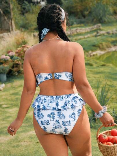 Swim Mod مجموعة من قطعتين للنساء بحجم كبير، ملابس علوية ذات كتف واحد مطبوعة بنقشات عشوائية ومكشكشة، وتنورة كاجوال مكشكشة من 3 طبقات للارتداء على الشاطئ والعطلات