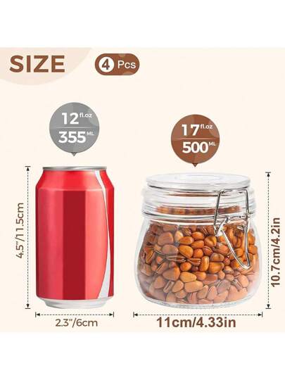 مجموعة 4 قطع برطمان زجاجي مُغلق بغطاء سعة 17 أونصة (حوالي 481.9 جرام) وعاء تخزين طعام دائري - حاوية تخزين مع إحكام غلق شفاف، مناسب لتخزين الحبوب المعلبة، المعكرونة، السكر، الفاصوليا، البهارات في المطبخ