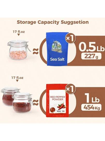 مجموعة 4 قطع برطمان زجاجي مُغلق بغطاء سعة 17 أونصة (حوالي 481.9 جرام) وعاء تخزين طعام دائري - حاوية تخزين مع إحكام غلق شفاف، مناسب لتخزين الحبوب المعلبة، المعكرونة، السكر، الفاصوليا، البهارات في المطبخ