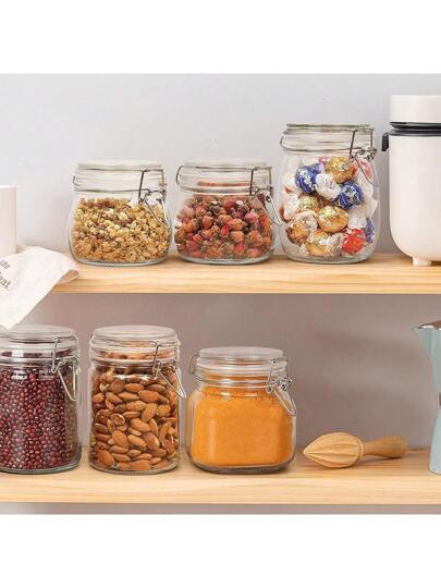 مجموعة 4 قطع برطمان زجاجي مُغلق بغطاء سعة 17 أونصة (حوالي 481.9 جرام) وعاء تخزين طعام دائري - حاوية تخزين مع إحكام غلق شفاف، مناسب لتخزين الحبوب المعلبة، المعكرونة، السكر، الفاصوليا، البهارات في المطبخ