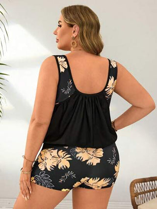 SHEIN Swim Curve مجموعة ملابس علوية وفستان زهري للنساء ذوات الحجم الكبير، ملابس علوية هالتر وفستان، ملابس شاطئ مخصرة ظهر مفتوح للرحلات الشاطئية