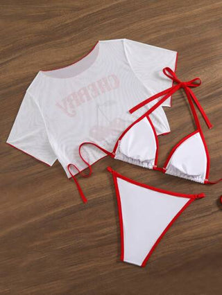 Swim Mod 3 قطع / مجموعة ملابس لشاطئ للسيدات ذوات الأحجام الكبيرة، بيكيني بحزام رفيع مع طباعة حرف كرز، وغطاء قصير الأكمام من التل