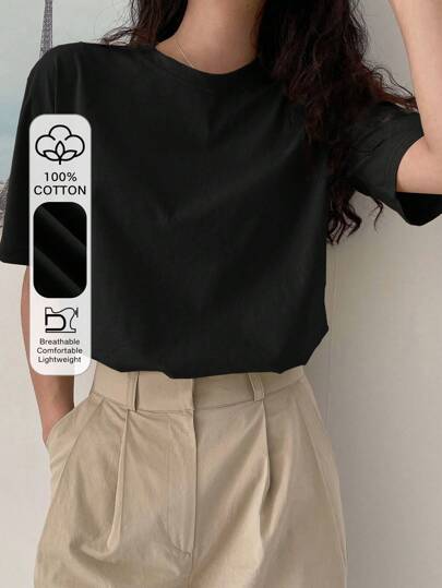 DAZY قميص تي شيرت بياقة طاقم وأكمام قصيرة بقصة مريحة وواسعة، قمصان بطراز بريبي