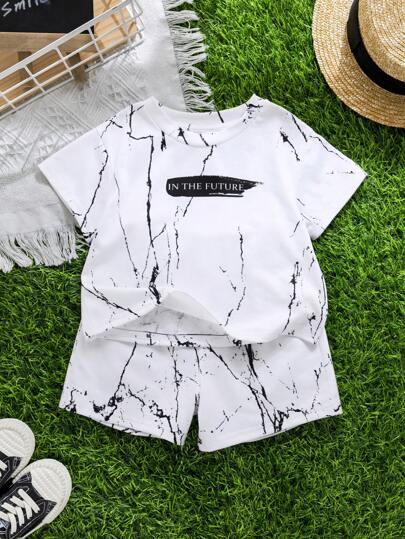 مجموعة ملابس علوية أكمام قصيرة وشورت لطفل صبي, نمط رخامي أبيض، ملائم للرياضة واليومي والحفلات والتصوير الفوتوغرافي والعطلات والمناسبات في فصلي الربيع والصيف