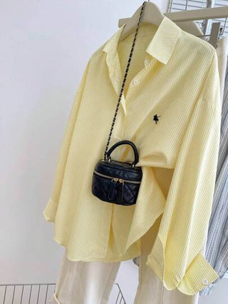 قميص كاجوال أنيق للنساء، ذو كم طويل وطبعات شريطية بنمط البطل