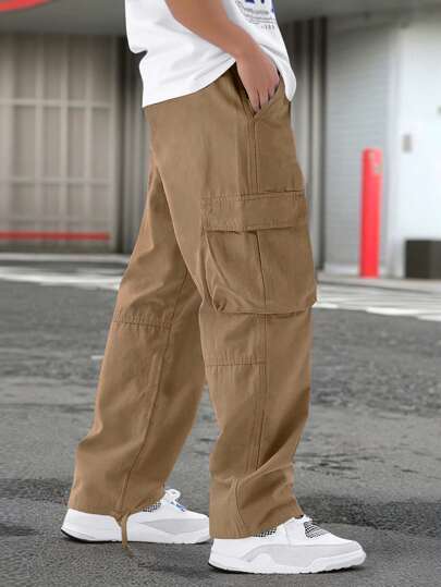 Manfinity Hypemode بنطلون مسستقيم من الجيوب بخصر رباط، بلون أحادي، بأسلوب كاجوال وبنطلون أحمال شحنة معتدل