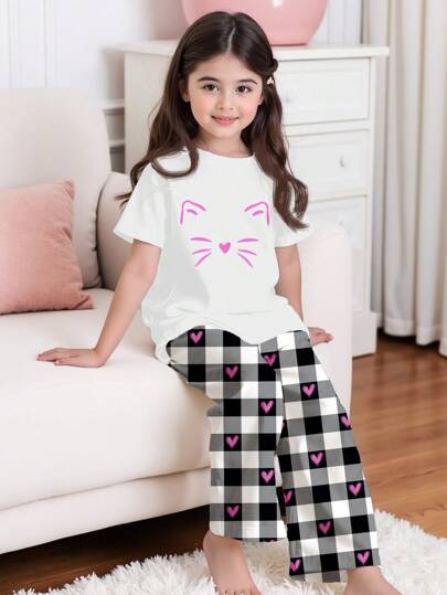 بيجاما بدلة منزلية كاجوال مُبسَّطة للمراهقات ذات رقبة دائرية وأكمام قصيرة وبنطلون ، مناسبة للصيف