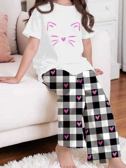 بيجاما بدلة منزلية كاجوال مُبسَّطة للمراهقات ذات رقبة دائرية وأكمام قصيرة وبنطلون ، مناسبة للصيف