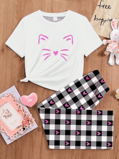 بيجاما بدلة منزلية كاجوال مُبسَّطة للمراهقات ذات رقبة دائرية وأكمام قصيرة وبنطلون ، مناسبة للصيف