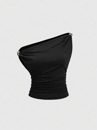 SHEIN Tall ملابس علوية كاجوال أسود قابل للعكس مناسب للفتيات الطويلات، منقوش بأزرار ذهبية للتزيين، ملابس علوية مربعة من الأمام ذات كتف منحرف وطيات