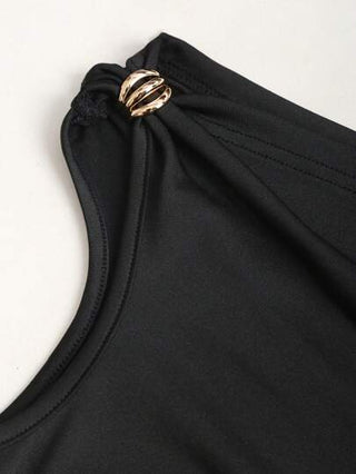 SHEIN Tall ملابس علوية كاجوال أسود قابل للعكس مناسب للفتيات الطويلات، منقوش بأزرار ذهبية للتزيين، ملابس علوية مربعة من الأمام ذات كتف منحرف وطيات