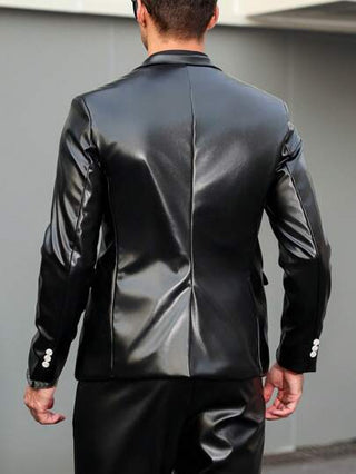 Manfinity AFTRDRK جاكيت بدلة رجالية ذات لون أحادي من جلد البولي يوريثان مع ياقة على شكل صدر البدلة، أكمام طويلة، موضة