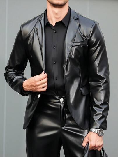 Manfinity AFTRDRK جاكيت بدلة رجالية ذات لون أحادي من جلد البولي يوريثان مع ياقة على شكل صدر البدلة، أكمام طويلة، موضة