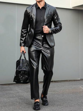 Manfinity AFTRDRK جاكيت بدلة رجالية ذات لون أحادي من جلد البولي يوريثان مع ياقة على شكل صدر البدلة، أكمام طويلة، موضة