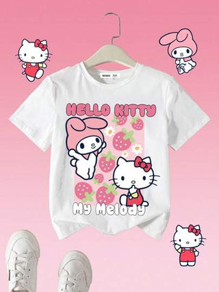 تيشيرتات بناتي HELLO KITTY AND FRIENDS | تي شيرت تي شيرت فتاة مراهقة مريح ذو رقبة مستديرة وأكمام قصيرة بطبعات فراولة وردية كرتونية جميلة، للربيع والصيف