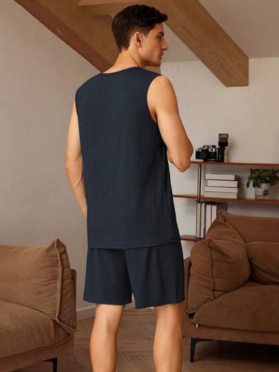 بيجاما مطبوع عليها حرف للرجال تتكون من ملابس علوية بلا أكمام وشورت، ملابس منزلية صيفية