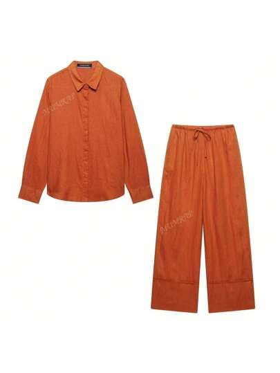 بدلة نسائية كاجوال 2 قطعة، قميص طويل الأكمام بياقة امامية، وبنطال واسع الخصر