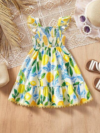 SHEIN فستان طويل مريح ذو طباعة أزهار صفراء للرضع والبنات الصغار