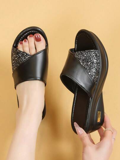 صنادل نسائية بنعل سميك منزلق مع ربطة عنق مزينة بالبريق، بطراز أوروبي أمريكي، خفيفة ومريحة