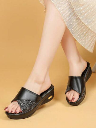 صنادل نسائية بنعل سميك منزلق مع ربطة عنق مزينة بالبريق، بطراز أوروبي أمريكي، خفيفة ومريحة