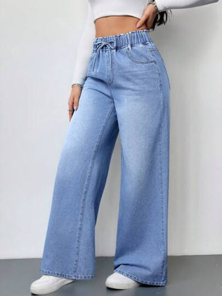 Tall بنطلون واسع الساق على الخصر بارتفاع الخصر للنساء، بنطلون جينز أزرق للنساء، ملابس صيفية للنساء، خصر مطاطي، ملابس صيفية للنساء، ملابس نسائية، بنطلون نسائي واسع الساق، بنطلونات نسائية واسعة الساق