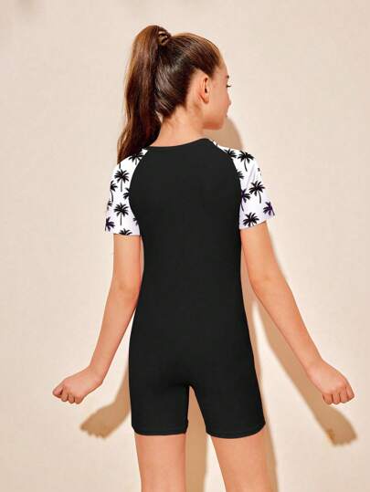 بدلة سباحة قطعة واحدة بسحّاب وأكمام قصيرة للبنات المراهقات، موضة صيفية