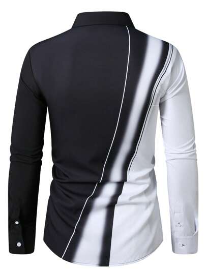 Manfinity Homme قميص كاجوال للعمل بأكمام طويلة مطبوع بطباعة جرافيك متباينة مع أزرار أمامية