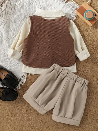 Souflis Souflis طقم بنطلون للأطفال الذكور 3 قطع: قميص كم طويل أحادي اللون، سترة منسوجة مخططة، وشورت أحادي اللون بسحاب، أنيق وأنيق، مناسب للحفلات في الربيع والخريف